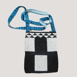 India Handcrafted Christiana Bead Crossbody Bag Black White Geometric Pattern Bl